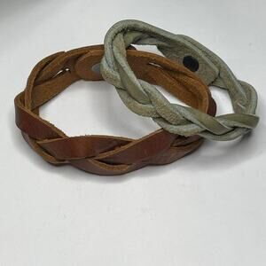 set of two suede leather bracelets brown and gray blue signed costume jewelry